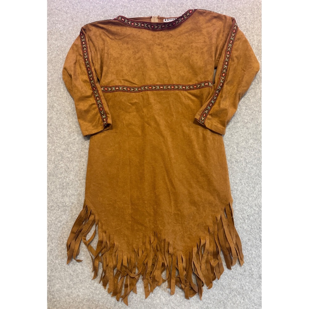 Charades Costumes Brown Faux Suede Fringe Dress Geometric Trim Adult M Native
